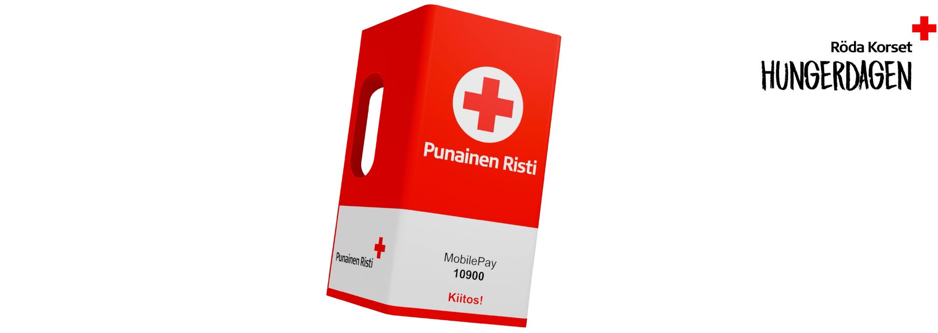 Röda Korsets insamlingsbössa. På bössans sida finns MobilePay-numret 10900. Genom att använda numret 10900 kan du donera till katastroffonden.