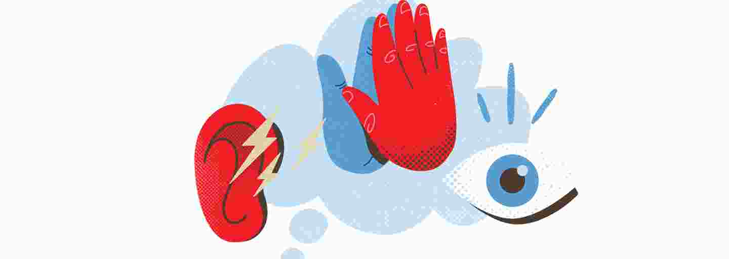 På bilden symboler: en röd hand, ett rött öra, ett öga och två händer