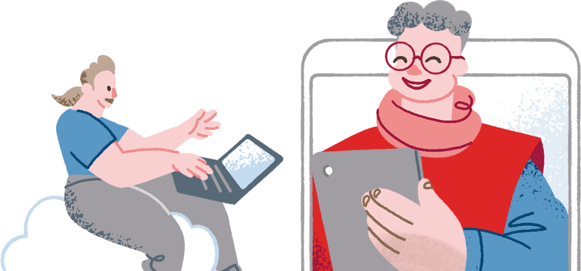 En tecknad bild där en person använder en bärbar dator och en annan en surfplatta.