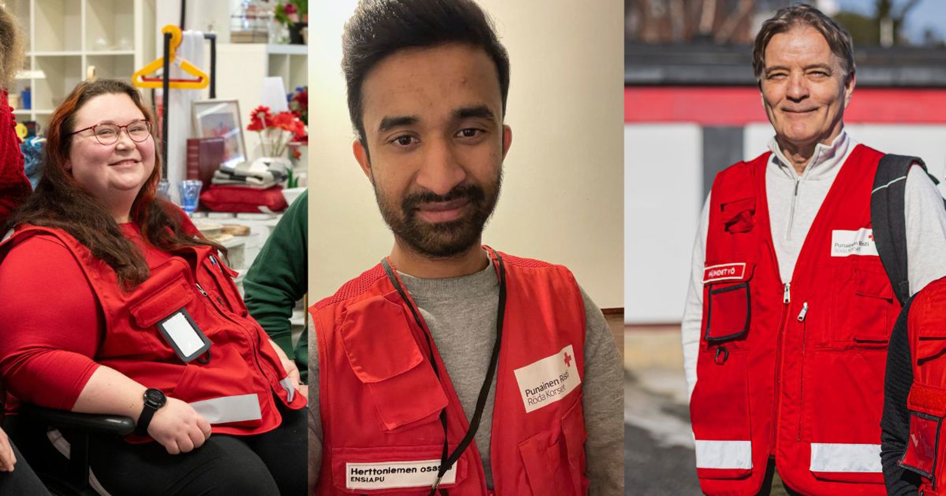 Tre frivilliga från Finlands Röda Kors syns sida vid sida. Till vänster sitter en leende kvinna med långt brunt hår och röda glasögon inomhus, iförd en röd väst. I mitten poserar en ung man med kort mörkt hår och skägg mot en neutral bakgrund, iförd en röd väst märkt ”Herttoniemen osasto”. Till höger står en äldre man med grått hår utomhus, leende och iklädd en röd Röda Korset-väst över en ljus dragkedjetröja.