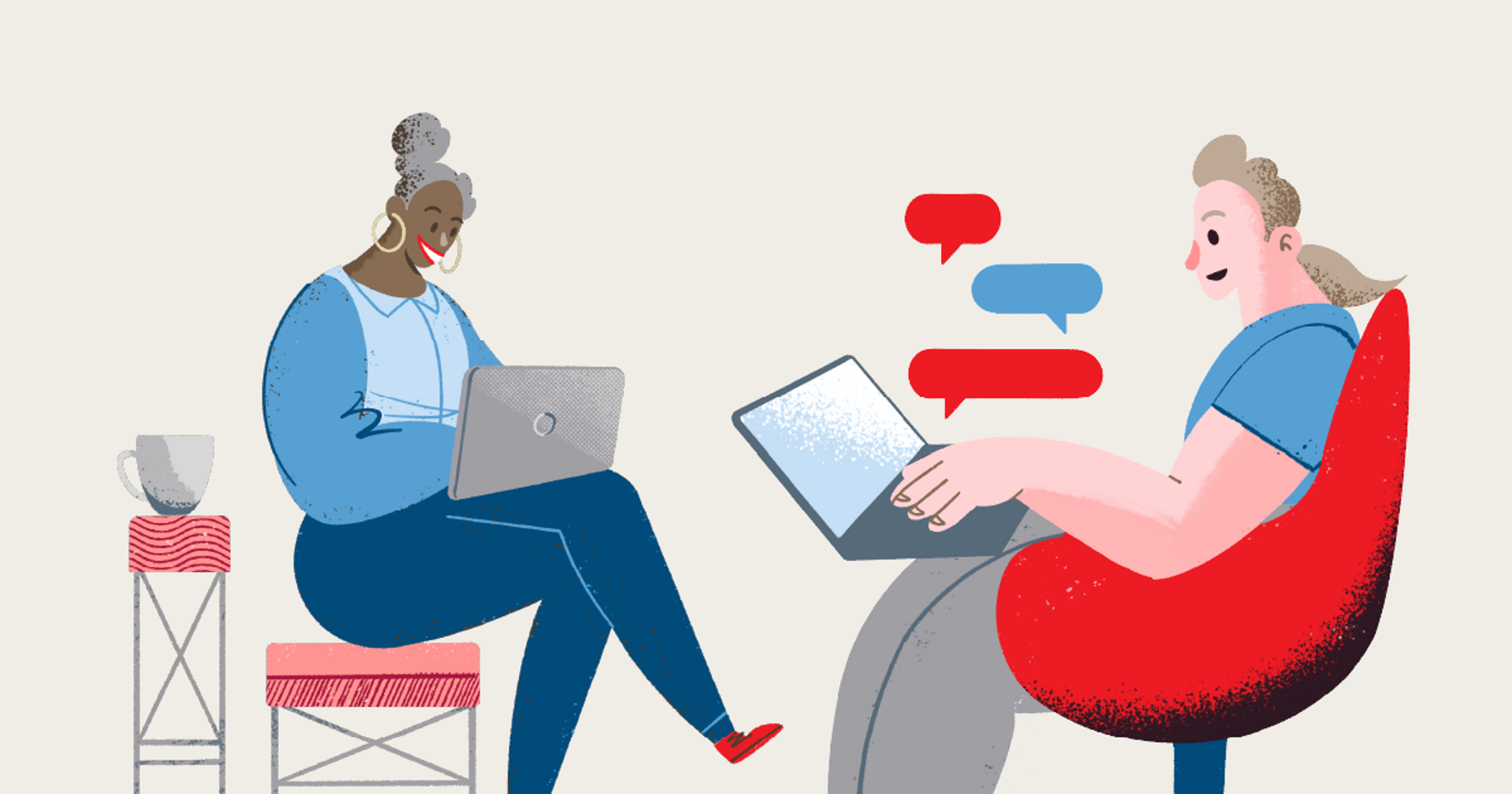 Två illustrerade leende personer sitter med en bärbar dator i knät.