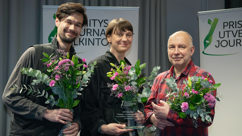 Priset för utvecklingsjournalism går till Jenny Matikainen, Benjamin Suomela och Jouni Koponen