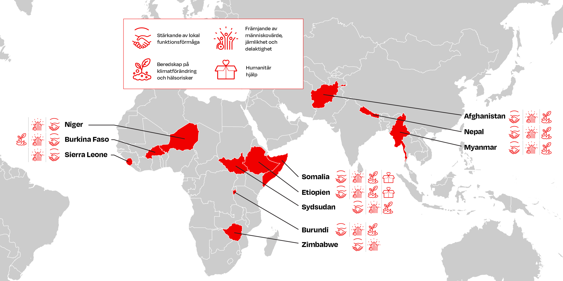 En karta som illustrerar Finlands Röda Kors utvecklingssamarbete och bilaterala humanitära bistånd som finansieras av Utrikesministeriet i Finland.